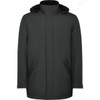 A black parka jacket featuring a hood and side pockets, designed for outdoor wear.