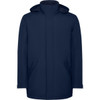 A navy blue parka jacket featuring a hood and side pockets, with a logo on the fabric.