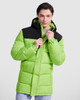 A bright green and black water-repellent parka featuring a zip closure and a hood, with a logo on the chest.