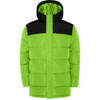 A bright green and black, water-repellent parka featuring a hood and a quilted design. It has a logo on it.