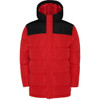 A water-repellent parka in red with a black hood and upper section, featuring a zip front and a logo.