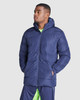 A navy water-repellent parka with a hood, featuring a zip closure and a model wearing sporty attire underneath.