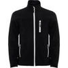 A black softshell jacket with white zip details and pockets, featuring a logo on the upper left side.