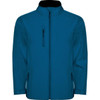 A blue softshell jacket with a front zipper and side pockets, featuring a small chest pocket and a collar.