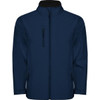 A navy softshell jacket with a zip front, side pockets, and a collar, featuring a logo.