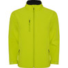 A bright yellow softshell jacket with zip pockets and a black collar, featuring a logo.