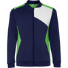 A navy and green track jacket with a stylish geometric design and a front zip fastening. It features a logo on the chest.