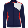 A navy blue sports jacket featuring red and white accents, with a front zip and a logo.