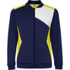 A navy and yellow track jacket featuring a zip front and a logo on the chest area.