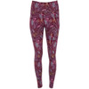 A pair of maroon leggings featuring a vibrant leaf pattern and a logo on the waistband.