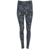 Leggings featuring a floral leaf pattern in shades of blue, grey, and green on a dark background.