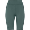 Short leggings in a muted green shade with a sleek design and a waistband; includes a small logo.