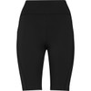 Black short leggings featuring a high waistband and a sleek design, with branding visible.