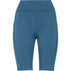 A pair of blue short leggings featuring a high waistband and a sleek design. Includes a branding logo.