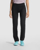 Black straight-cut leggings with a wide waistband, paired with blue sports shoes. A model stands with hands at sides.