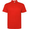 A red polo shirt featuring a collar and short sleeves, with a logo on the chest area.