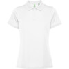 A white women's polo shirt featuring a collar and short sleeves, with a brand logo present.
