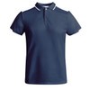 A navy polo shirt with white collar and sleeve trims, featuring a logo on the chest.