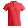 A red polo shirt with white accents and a collar, featuring a logo on the chest.