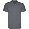 A grey polo shirt with a collar, featuring short sleeves and a single button placket. It has a logo.