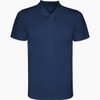 A navy blue polo shirt featuring a classic collar and a logo on the chest.