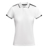 A white women's polo shirt with black accents and a contrasting collar, featuring a logo.