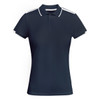 A navy blue women's polo shirt with white trim and a collar, featuring a logo on the front.