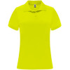 A women's polo shirt in bright yellow, featuring a collar and buttons, with a logo on the label.