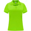 A bright green women's polo shirt featuring a collar and short sleeves. It has a logo on the label.