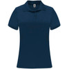 A women's polo shirt in navy blue with a classic collar and three-button placket. It features a logo on the label.