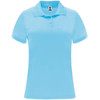 A light blue women's polo shirt with a classic collar and a logo on the label.