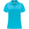 A women's polo shirt in bright turquoise, featuring short sleeves and a collar. The shirt has a logo on the label.