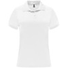 A white women's polo shirt featuring a collar and short sleeves, with a logo on the chest.