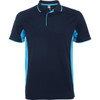 A navy blue polo shirt with light blue accents and a collar. Features a logo on the chest area.