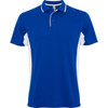 A blue polo shirt with white side panels and a collar, featuring a logo on the chest.