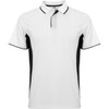 A Montmelo polo shirt in white with black side panels and collar detailing, featuring a logo on the chest.