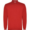 A red long-sleeve polo shirt with a collar and three buttons, featuring a branding logo.