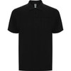 A black polo shirt featuring a collar, short sleeves, and a pocket on the left chest. The shirt has a logo.