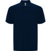 A navy blue polo shirt featuring a collar, short sleeves, and a chest pocket. It has a logo on the label.