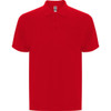 A red polo shirt featuring a collar, short sleeves, and a pocket on the front. The shirt has a logo.