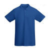 A blue polo shirt with a collar and short sleeves, featuring a logo on one side.