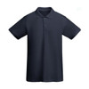 A navy blue polo shirt with a collar and short sleeves, featuring a logo.