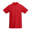 A red polo shirt with a collar and short sleeves, featuring a logo on the chest.