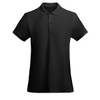 A black women's polo shirt featuring a collar, short sleeves, and a classic fit. It has a logo on the left chest area.