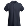 A navy blue women's polo shirt featuring a classic collar and three-button placket. Includes a logo on the chest.