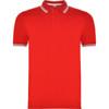 A red polo shirt with a classic collar and contrasting striped accents on the sleeves. It features a logo on the chest.