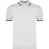 A white polo shirt with contrasting navy stripes on the collar and sleeves, featuring a logo on the chest.
