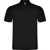 A black polo shirt with a collar and buttons, featuring a logo on the upper left.