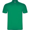 A green polo shirt featuring a collar and short sleeves, with a logo on the label.