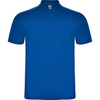 A polo shirt in vibrant blue with a collar and a branding logo on the upper section.